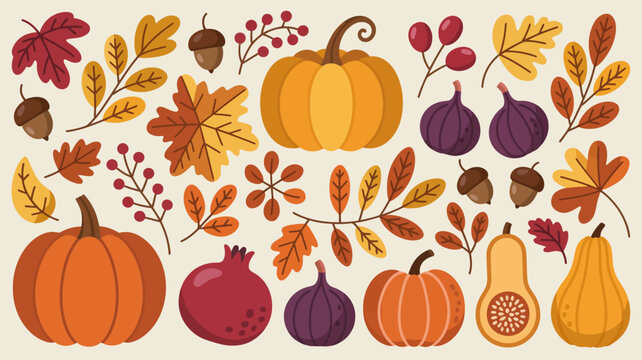 autumn harvest illustration with pumpkins figs pomegranates leaves and acorns on a beige background