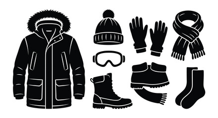 Winter clothing collection parka beanie gloves scarf boots and goggles silhouette set © meemuuu