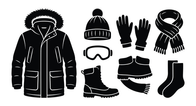 Winter clothing collection parka beanie gloves scarf boots and goggles silhouette set