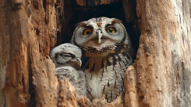 Mother owl and chick inside a hollow tree trunk