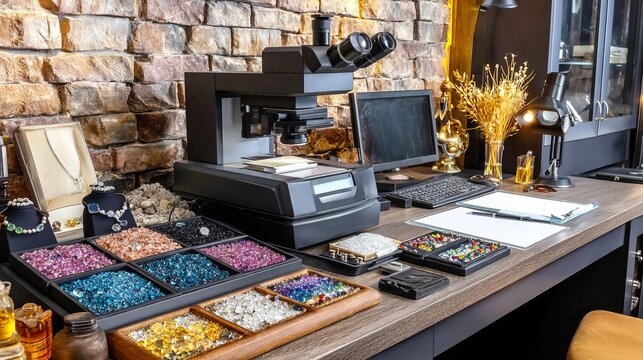 Close-up of gemstone sorting workstation with microscope computer and samples