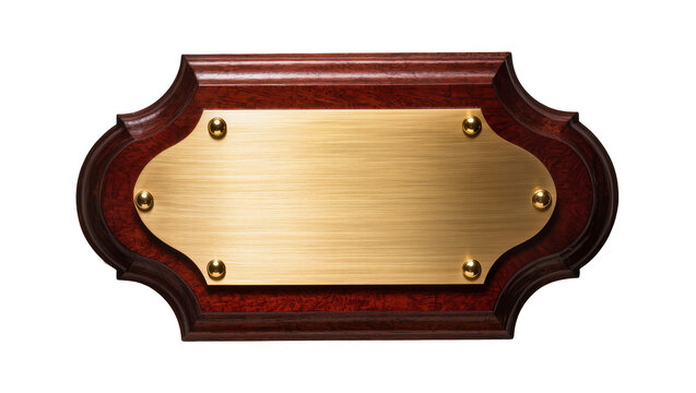 Ornate wooden plaque with polished brass plate and brass rivets, isolated on transparent background