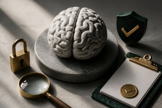 Business security concept with brain on pedestal lock shield and magnifying glass for data protection and analysis
