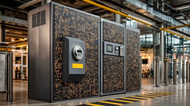 Modern electricity control panel with digital meter inside industrial facility