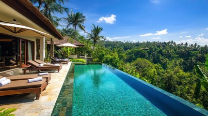 Fototapeta premium Idyllic Modern Villa with Stunning Pool Overlooking Lush Greenery Under Clear Blue Sky, Perfect for Luxury Getaways and Relaxation in a Tropical Paradise