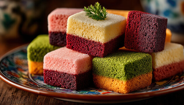 Colorful Japanese Castella Sponge Cake Cubes on Decorative Plate