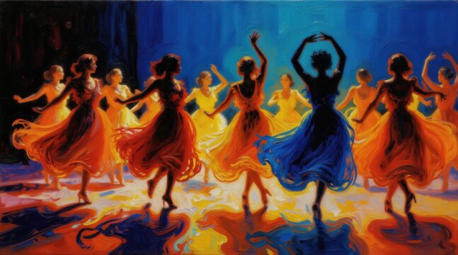 Group of women in long dresses dance ballet on stage. Performers move gracefully in colorful attire. Stage lights illuminate lively performance art.