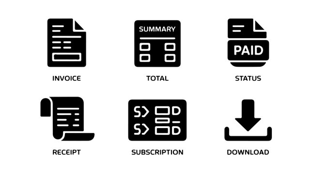 Invoice and receipt icons set displays financial transaction symbols including status, total, subscription, and download options.