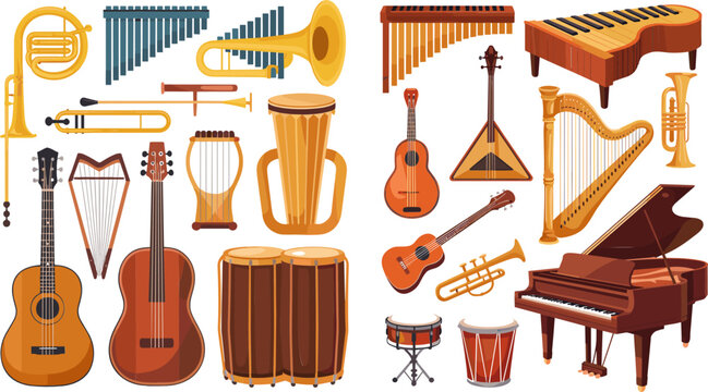 Classical and Traditional Musical Instruments Vector Set Featuring Grand Piano Acoustic Guitar Harp Trumpet Drums and Pan Flute for Orchestra Concert Branding