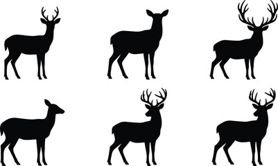 Fototapeta premium Deer Silhouette Collection with Stag and Doe Poses Isolated Wildlife Animal Vector Illustration Set