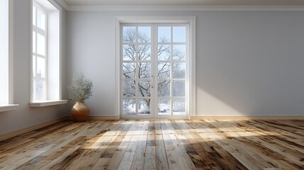 Fototapeta premium Awesome photo of empty room with wooden parquet floor and white walls overlooking winter landscape through windows.