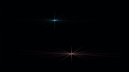 Fototapeta premium Abstract glowing light effect with blue and red starburst lens flare lines on black background for digital design and visual effects