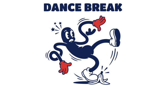 Cartoon character slipping on banana peel during dance break isolated on white background