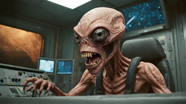 Terrifying Alien Pilot piloting a Spaceship