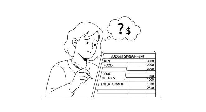 Woman looking at budget statement puzzled.
