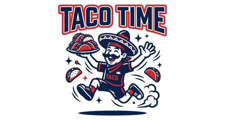 Fototapeta premium Man in sombrero running with tacos during fiesta Vector Silhouette Isolated on white background