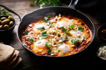 Fototapeta premium Authentic Shakshuka in Cast Iron Skillet with Feta and Parsley, Served with Pita Bread