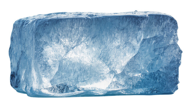 Large clear blue ice block with internal fractures, isolated on transparent background