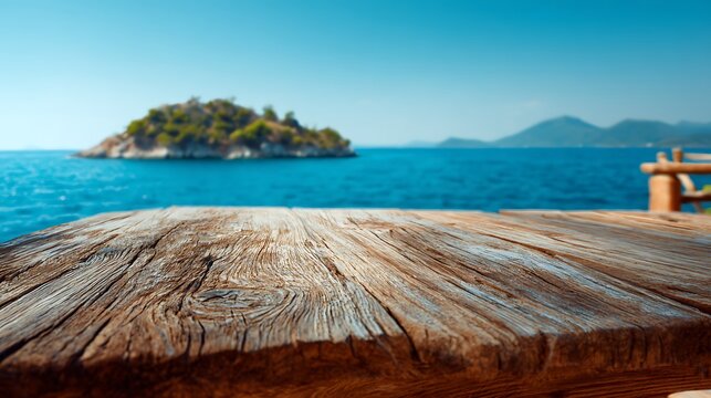 Awesome photo of empty wooden table top with a blurred view of a tropical island and turquoise sea in the background.