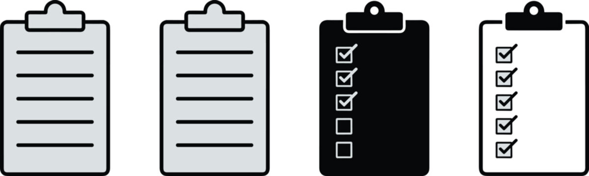 Clipboard checklist icons set with task management and document organization symbols for office productivity design concepts