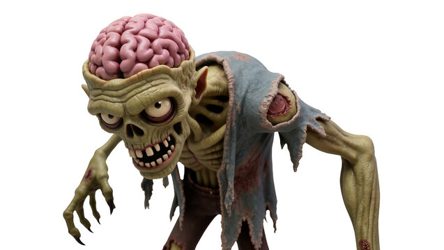Grotesque zombie with exposed brain and tattered clothing, isolated on transparent background
