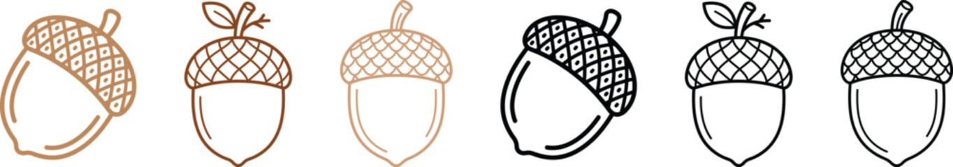 Acorns in various colors and line styles, with caps and stems, arranged horizontally on a white background. featuring acorn caps, acorn stems, line © Progotibd303