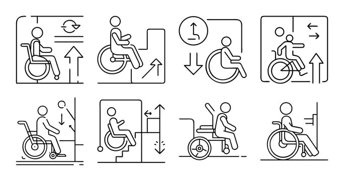 Accessibility icons set for disabilities and needs - Clear vector icons showing disability symbols and accessibility aids for wheelchairs, hearing, and visual impairments.