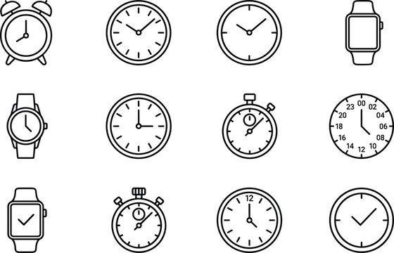 Clock and smartwatch outline icons set with timekeeping symbols for scheduling, alarms and digital watch design concepts