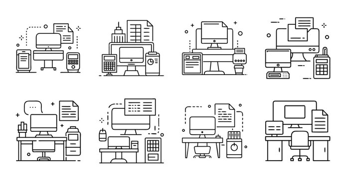 Flat icons of home office computer setups - Colorful flat icons showing various home office computer workstation setups with monitors, keyboards, and accessories.