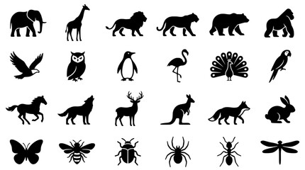 Obraz premium Animals wildlife silhouette set featuring elephants, birds, cats, dogs, deer, butterflies, and insects for nature icons