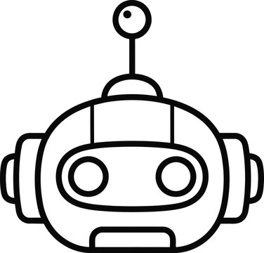 Black line drawing of a robot head with antenna on white background