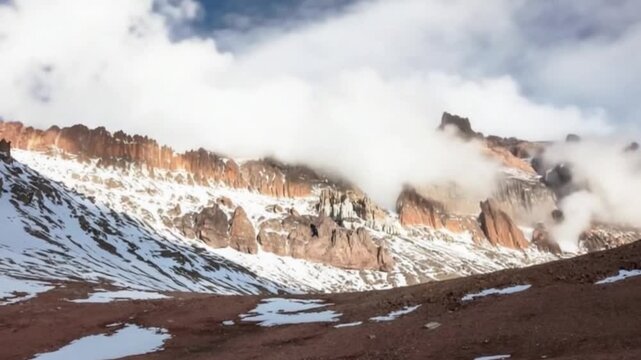 Aconcagua, a mountain in the Andes Mountains between Chile and Argentina. Time lapse.