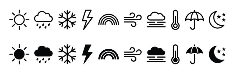 Fototapeta premium Weather Forecast Icon Set Vector Collection with Sun Rain Snow Lightning Rainbow Wind Fog Thermometer Umbrella Moon Star for Weather App UI Design