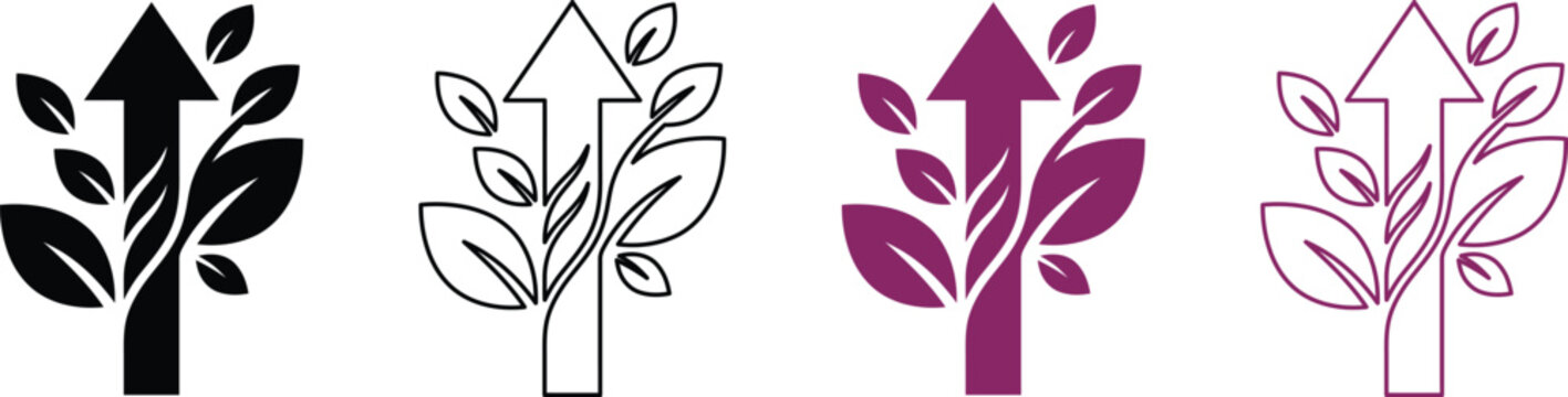 Growth arrows with leaves representing eco business development and sustainability
