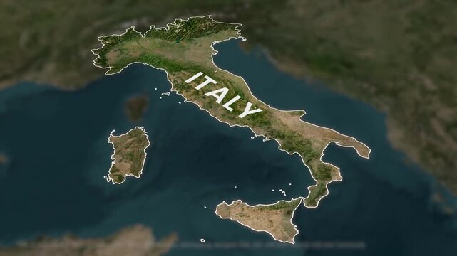 Italy map zoom, country border animation, satellite terrain background, focused highlight effect, European country outline, blurred surroundings view, infographic cartography motion