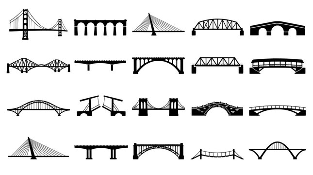 Bridges set with various architectural designs and styles featuring design, suspension, arch with truss and beam elements for cable-stayed,