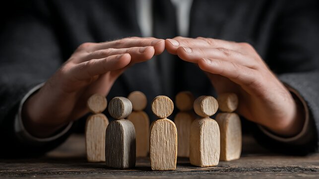 Awesome photo of close up of businessman's hands protecting a group of wooden peg dolls representing people.