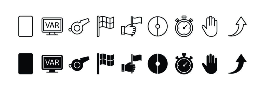 Football Referee Icon Set Vector Collection with Red Card VAR Monitor Whistle Flag Coin Stopwatch Hand Stop Arrow for Soccer Match App UI Design