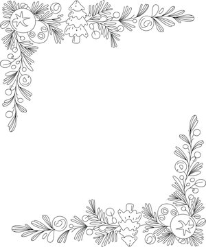 Christmas corner border with pine branches and ornaments