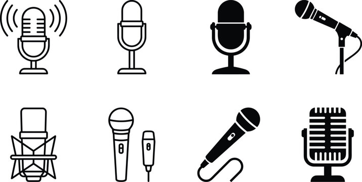 Microphone audio icons set with recording and broadcasting symbols for podcast, music and media communication concepts