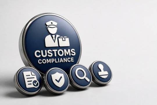 Professional customs compliance concept with trade regulation icons for import export and supply chain management