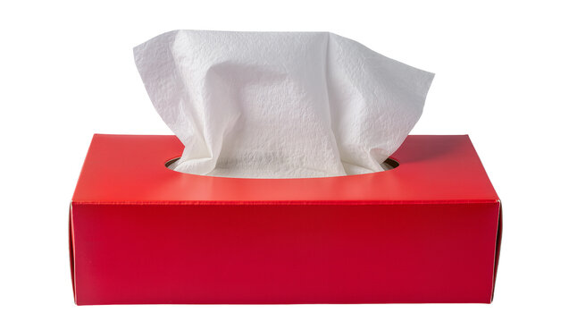 Bright red rectangular tissue box with white paper tissues emerging, isolated on transparent background