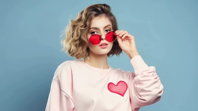 Stylish woman in a light pink sweatshirt with a red heart patch posing in red circular sunglasses. Trendy fashion model portrait for beauty and lifestyle concept.