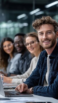 Diverse group of smiling professionals working together at a modern office table, with a focus on a confident man