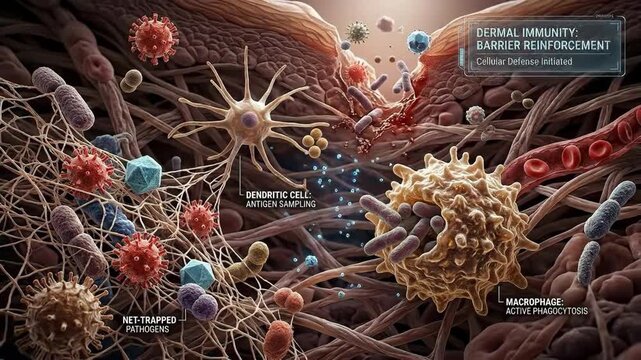 Microscopic immunity defense mechanism, visualizing cellular protection against pathogen, showcasing active phagocytosis, antigen sampling, barrier reinforcement within biological dermal layer.