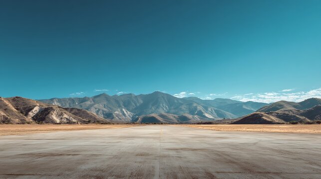 Awesome photo of view of a wide concrete runway leading to mountains in a remote landscape.