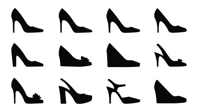 Variety of stylish high heel shoe silhouettes in black silhouette style design