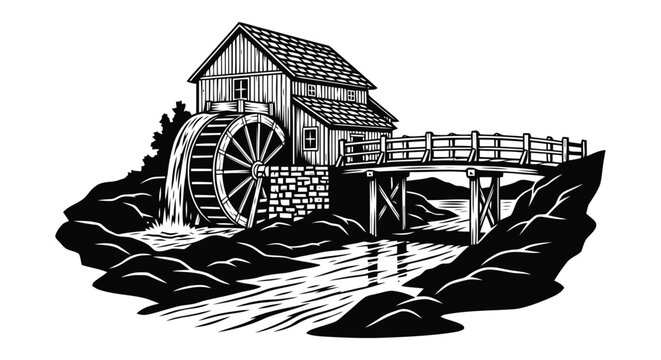 Vector illustration of vintage illustration of a rustic water mill with a wooden bridge on a transparent background