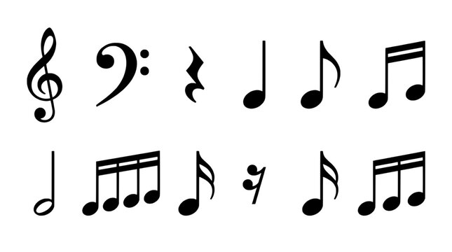Notes musical set with various symbols and clefs for sheet music featuring notation, treble clef, bass clef with quarter note and eighth note