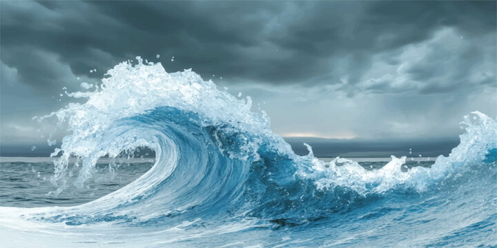 Massive breaking ocean wave with stormy dark clouds overhead breaking crashing dramatic maritime turbulence overcast outdoors seafront